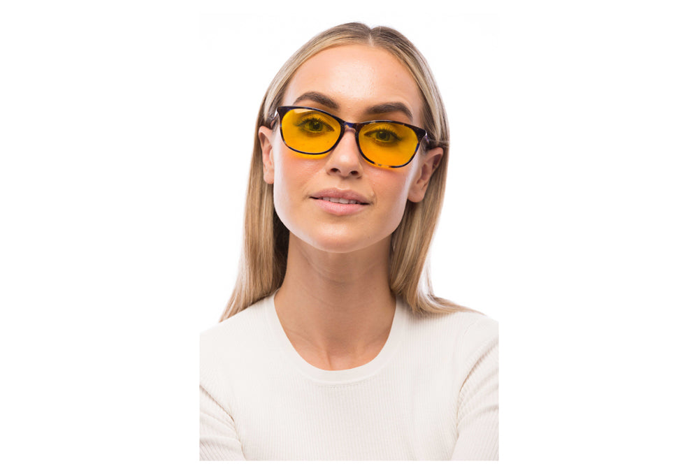 Woman Wearing Galaxy Light Sensitivity Glasses