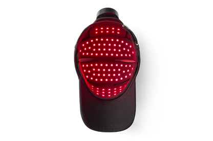 Inside of Black cap with red LED lights on, glowing red.